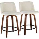 Toriano 24" Swivel Counter Stool in Walnut Wood & Cream Fabric with Black Footrest (Set of 2)